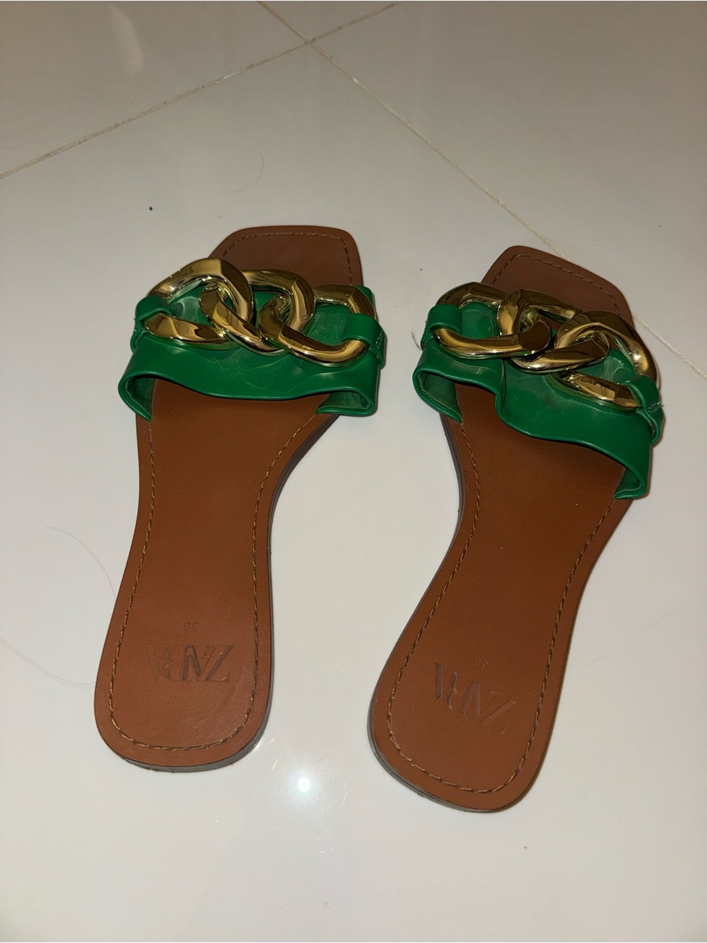 Zara Green Slide Sandals with Gold Chain